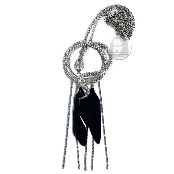 Vintage Snake and Feather 6" Pendant Necklace Silver Metal Serpent Feathers 80s - Picture 2 of 13